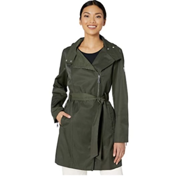 Vince Camuto Jackets & Blazers - Vince Camuto Asymmetrical Trench Coat Water Repellent Hooded Belted SMALL Olive
